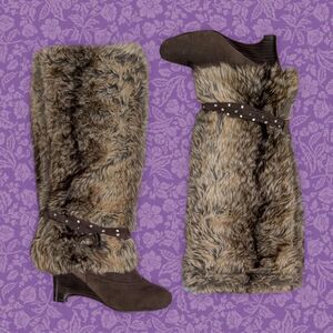 2000s Naughty Monkey Y2K Brown Knee High Rave Faux Fur Leather Boots | Size 8
